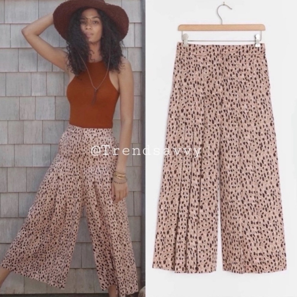 Anthropologie Maeve Isobel Leopard Wide Leg Crop Pants Cream Black Small Boho